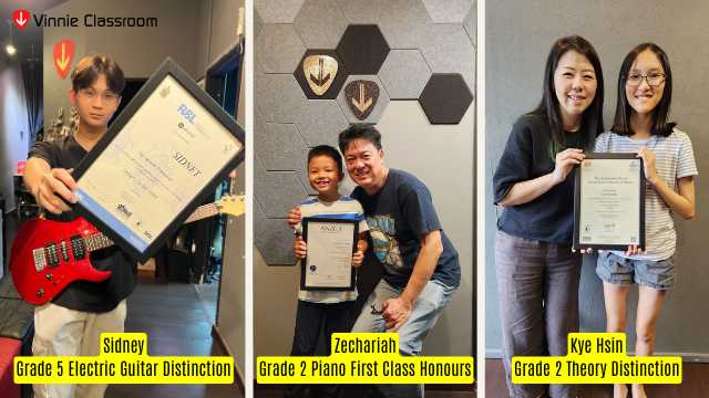 happy students hold up their music certificates from Rockschool ABRSM and ANZCA after attending their music lessons from their music school